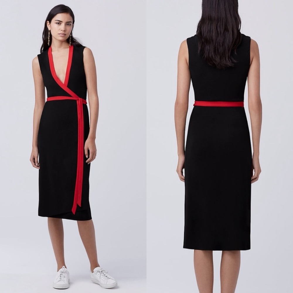 Diane von Furstenberg DVF Valena True Wrap Dress Sleeveless Black Red Trim 10 - Picture 2 of 14